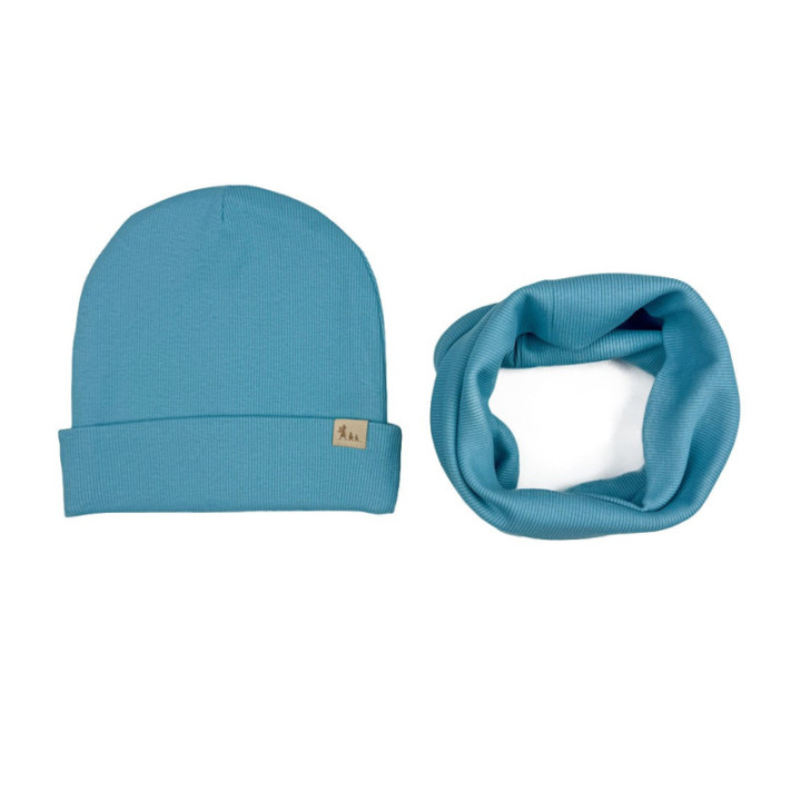Czapka wywijana i komin/chusta prążek turkus