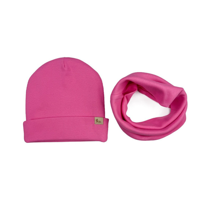 Czapka wywijana i komin/chusta prążek candy pink